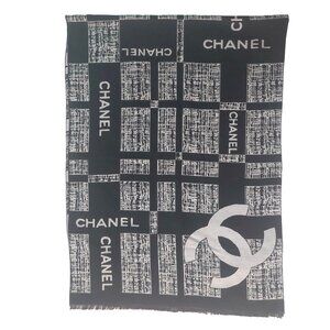 CHANEL Luxury Vintage Black Gray Reversible Print CC Blanket Scarf Shawl Wrap